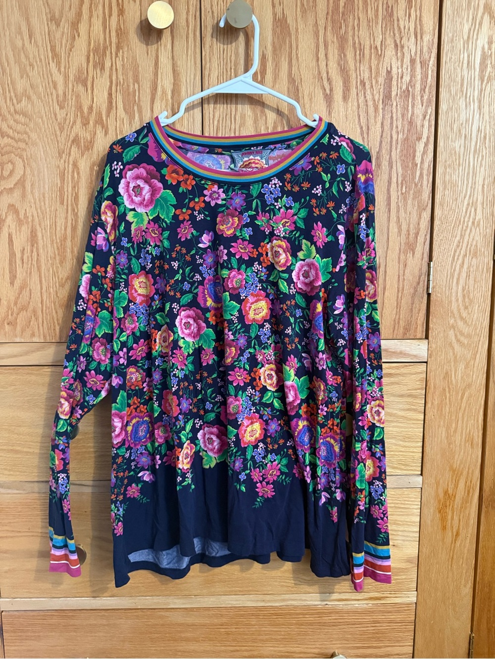 Johnny Was Navy Long-Sleeve Floral Knit Top with Pink & Green Accents XXL